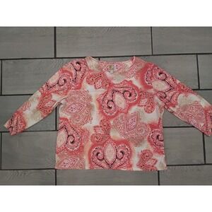 JM Collection Petite Womens XL Coral Pink Paisley 3/4 Sleeve Scoop Neck Top